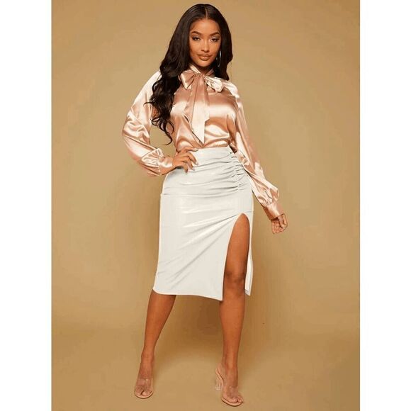 🤍 Sexy High Waist Ruched Split Thigh White PU Leather Skirt SIZE S - Picture 2 of 6